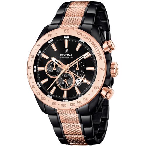 Image of IP sort med rosa forgyldning Dual-Time Quartz Herre ur fra Festina